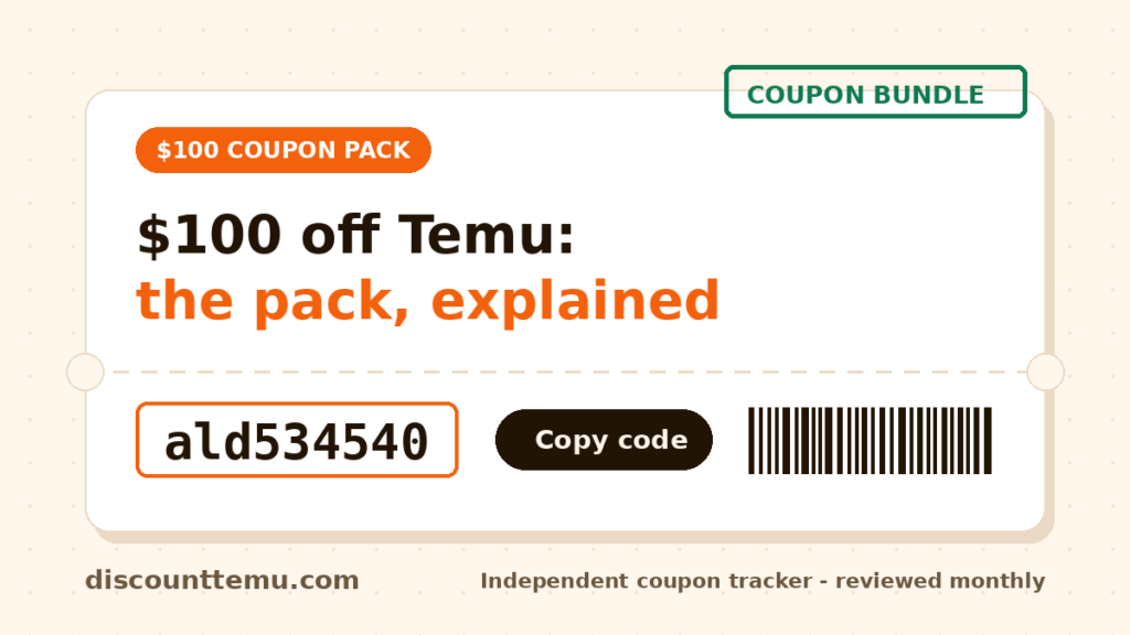 Graphic of the 100 dollar Temu coupon pack with code ald534540 on a ticket design