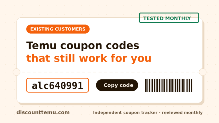 Ticket-style graphic reading Temu coupon codes for existing customers with code alc640991