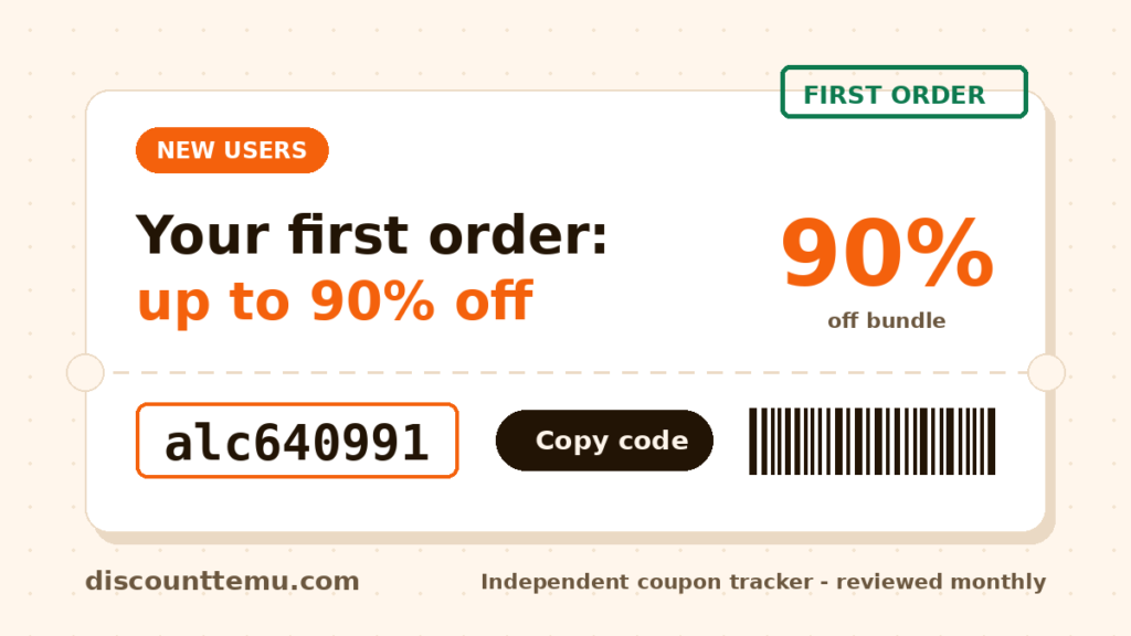 Ticket graphic for new Temu users showing up to 90 percent off a first order with code alc640991