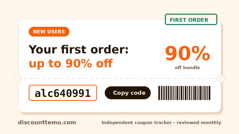 Ticket graphic for new Temu users showing up to 90 percent off a first order with code alc640991