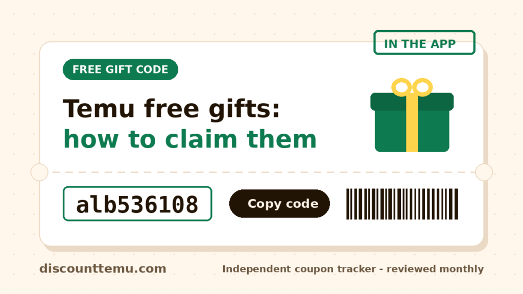 Green ticket graphic for the Temu free gift code alb536108