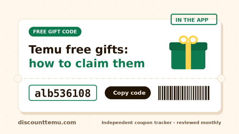 Green ticket graphic for the Temu free gift code alb536108